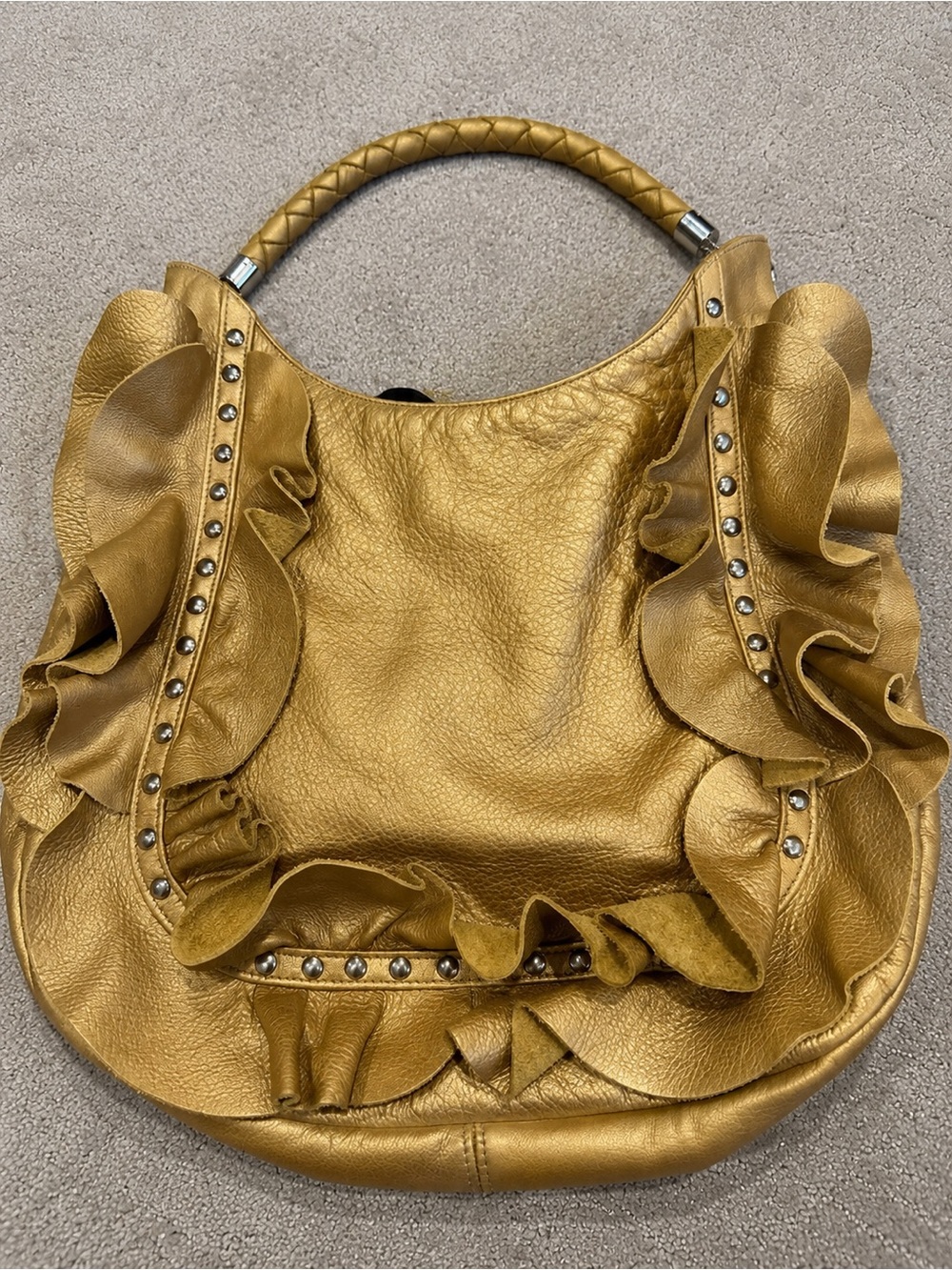 Susan Farber Gold Leather Ruffle Shoulder Bag